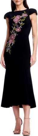 Dress The Population Sheryl Floral Appliqu&eacute; Midi Cocktail Dress in Black Multi at Nordstrom, Size Xx-Large