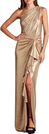 Tadashi Shoji Foil Ruffle One-Shoulder Gown in Gold Dust at Nordstrom, Size X-Large