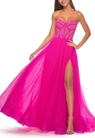 La Femme Rhinestone Embellished A-line Tulle Gown with Corset Top in Hot Fuchsia at Nordstrom, Size 12