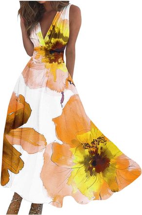 Generic Sleeveless Cotton Knee Length Summer Dresses for Women UK Holiday, Women Dresses for Beach, Ruffle Dresses for Women UK, v Neck Summer Dresses for Wom