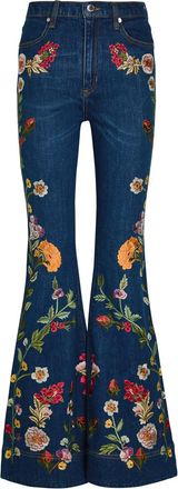 Alice & Olivia Beautiful Floral-embroidered Bell-bottom Jeans - Blue - 27 (W27 / UK8-10 / S)