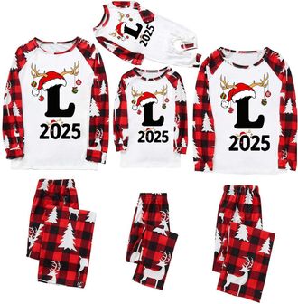 Generic Family Christmas Pyjamas Set, Matching Holiday Loungewear with Plaid Bottoms, Personalised Letter Name Initials Pyjamas, Customisable Xmas Pjs for Wom