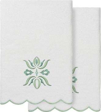 Linum Home Textiles 100% Turkish Cotton Flower Crest Scallop 2Pc Embellished Bath Towel Set