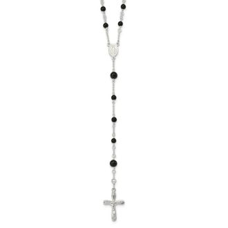 Diamond2Deal Sterling Silver Polished Black Onyx Rosary Necklace 33