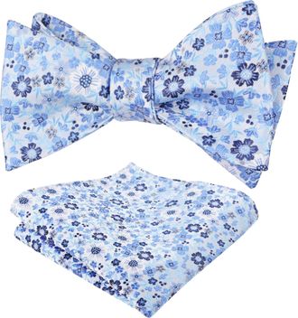 Alizeal Mens Self Tied Floral Classic Bow Tie and Pocket Square Colorful Wedding Party Bow Tie and Handkerchief Set, Sky Blue