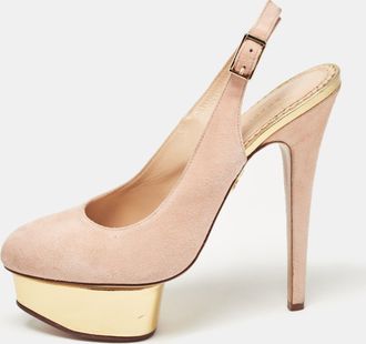 Charlotte Olympia Beige Suede Platform Slingback Pumps