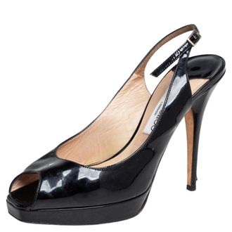 Jimmy Choo London Black Patent Leather Crown Peep Toe Platform Slingback Sandals