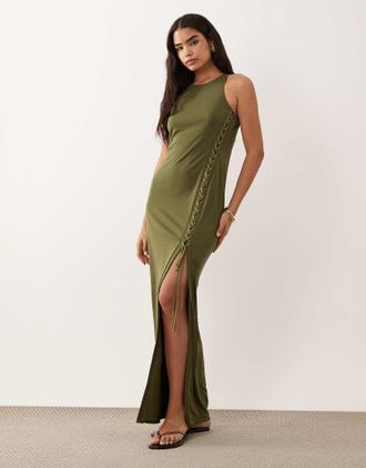 Ralph Lauren Vestito lungo kaki con scollo a barchetta e spacco sulla coscia-Verde