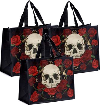 dv Set Of 3 Reusable Grocery Tote Bags Skull & Roses Print Made From Recycled Plastic Bottles