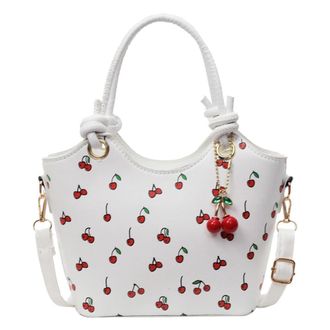 Generic PU Leather Bucket Top-handle Bag Women Cherry Crossbody Bag & Pendant (White)
