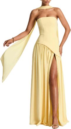 Generic Strapless Bridesmaid Dresses with Scarf Satin Halter Bridesmaid Dress Sexy Off Shoulder Side Slit a Line Prom Dress Going Out (Yellow,M)
