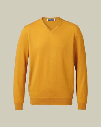 CHARLES TYRWHITT Merino V-Neck Wool Jumper - Yellow Size Large by Charles Tyrwhitt