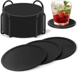 OEM Posavasos De Silicona Con Soporte, 12 Unidades, 10 Cm, Posavasos De Vidrio, Antideslizantes Y Aislantes, Reutilizables, F&aacute;ciles De Limpiar, Negro