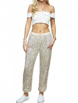 Lev&eacute;e Elastic Waist Band Sequin Joggers In Champagne