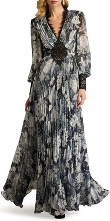 Tadashi Shoji Paisley Floral Lace Detail Long Sleeve Pleated Georgette Gown in Ivory/Black at Nordstrom, Size 10
