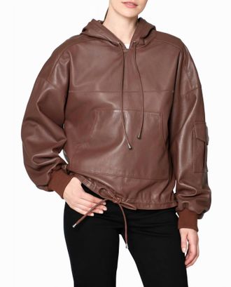 Nicole Miller Leather Space Hoodie In Brown