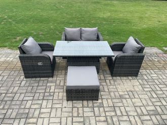 Fimous PE Rattan Outdoor Garden Furniture Set Height Adjustable Rising lifting Dining Table With Love Sofa Chair in Dark Grey