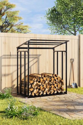 Living and Home 4.4 ft W x 2.3 ft D Medium Metal Tube Firewood Rack with Roof in Black