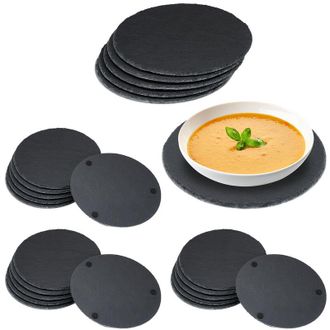 Relaxdays 24 Platos De Pizarra Redondos, 25 Cm, Para Servir Y Escribir, Buffet, Bandeja Piedra Cuadrada, Antracita
