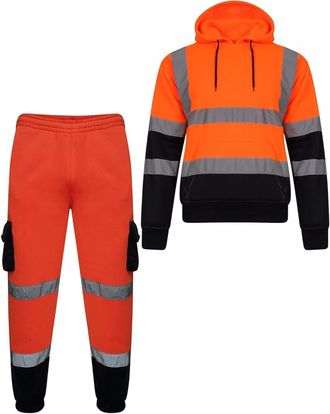 Generic Hi Vis Jogging Bottoms High Visibility Combat Cargo Thick Brush Fleece Trousers with Same Hoodie Reflective Tape Safety Work Wear Elasticated Waist Jo