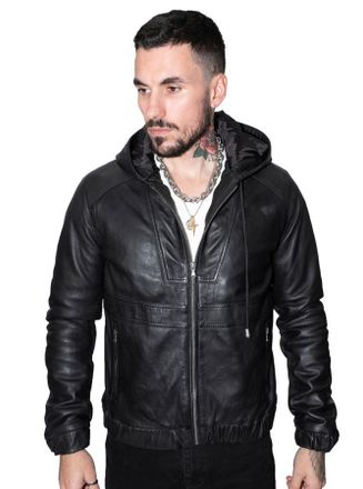 Infinity Leather Mens Mens Casual Hooded Bomber Jacket-Odesa - Black Nappa Leather - Size X-Large