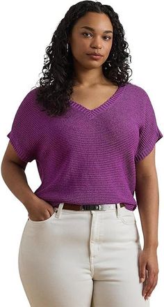 Lauren Ralph Lauren Plus Size Linen-Blend Short-Sleeve V-Neck Sweater Womens Sweater Purple Dawn : 1X, Linen/Viscose