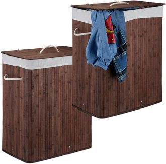 Relaxdays 2 Cestos Ropa Sucia Con Tapa Y 2 Compartimentos, Cubo Colada Plegable, Canasta, Bamb&uacute;, 95 L, Marr&oacute;n