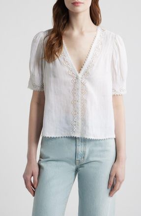 D&ocirc;en Brigitta Lace Trim V-Neck Ramie Top in Salt at Nordstrom, Size Xx-Large