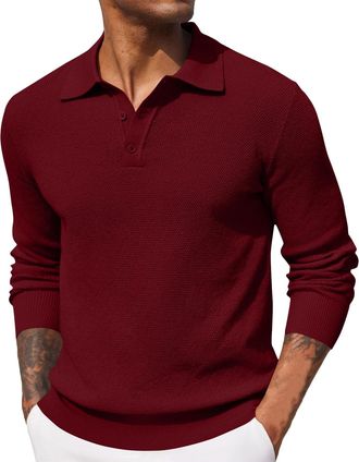 Generic Long Sleeve Polo Shirts for Men UK Slim Fit Lightweight Casual Work Golf Shirt Slim Summer Fall Button Lapel Pullover Tees, Wine, XL