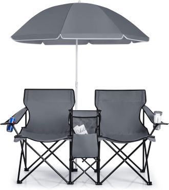 Costway Costway Sillas De Camping Con Sombrilla Silla Plegable Taburete De Pesca Doble Con Portavasos Para Exterior Picnic Senderismo Barbacoa (gris)