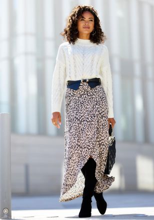 Buffalo Jerseyrock BUFFALO, Damen, Gr. 34, schwarz (schwarz, taupe bedruckt), Jersey, Obermaterial: 100% Viskose, bedruckt, figurumspielend kn&ouml;chellang, R&ouml;cke