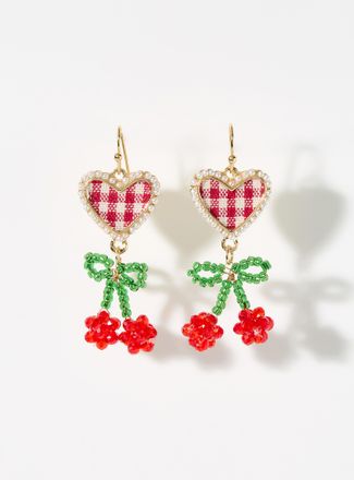 Simons Womens Gingham heart and cherry earrings