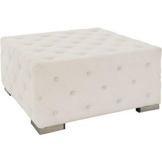 WOMO-DESIGN Tavolino Poggiapiedi xxl Ostrava 90 x 45 x 90 cm Pouf da Seduta Trapuntato in Lino Crema Imbottito con Piedini in Metallo Argento Design Moderno