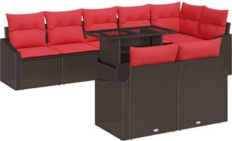 vidaXL Set Divano Da Giardino 9 Pz Marrone E Rosso Polyrattan Vidaxl