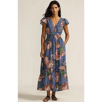 Lands End Vneck Flutter Sleeve Maxi Dress in Blue Floral at Nordstrom, Size Small