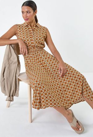 Roman Geometric Hanky Hem Stretch Midi Dress