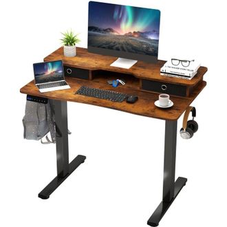 Costway Scrivania Regolabile in Altezza con 2 Cassetti, Scrivania con Supporto per Monitor, Mensola, 2 Ganci e 3 Altezze Preimpostate, Tavolo da