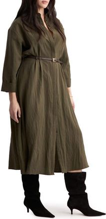 Mango Long Sleeve Shirtdress in Khaki Green at Nordstrom, Size 10