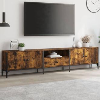 Berkfield Home TV Cabinet with Drawer Smoked Oak 200x25x44 cm Engineered Wood in Brown | Size: 200 x 25 x 44 cm