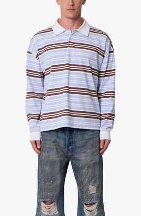mnml Striped Long Sleeve Polo Shirt in Blue/brown Multi at Nordstrom, Size Xx-Large