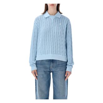 Polo Ralph Lauren Round-neck Knitwear, female, Blue, Size: XS Crew Neck Knit + Polo Collar