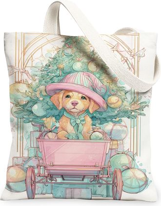 Generic Christmas Dog Canvas Tote Bags, Festive Animal Pattern Reusable Grocery Bags, Holiday Lightweight Washable Shoulder for Out, White, 13x15 Inch