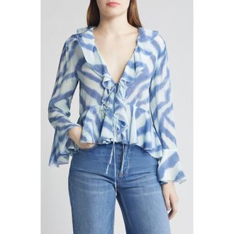 Rails Nicoletta Long Sleeve Peplum Crop Top in Blue Watercolor Stripes at Nordstrom Rack, Size Xx-Small
