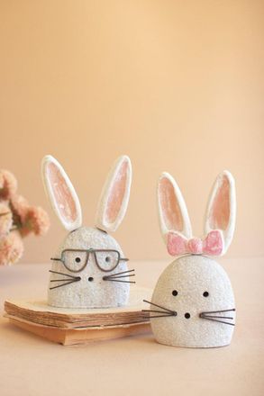 Kalalou Set Of Two White-Wash Clay And River Rock Bunnies