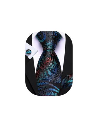 Barry.Wang Paisley Tie Mens Silk Black Blue Necktie Pocket Square Cufflinks Set Christmas Wedding Party