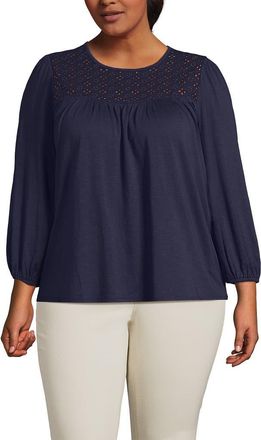 Lands End 3/4 Sleeve Eyelet Mix Flowy Top in Faded Navy at Nordstrom, Size 3X