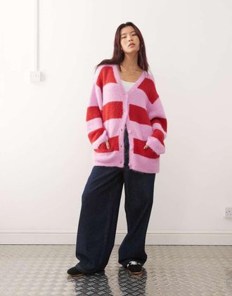 Monki Cardigan oversize rosa e rosso a righe