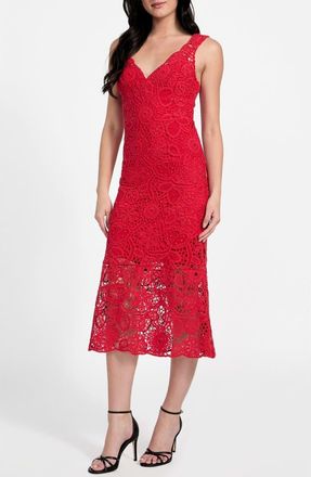 Guess Rosalia Floral Lace Midi Dress in Siren Red Multi at Nordstrom, Size Large
