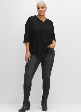 Sheego Longbluse SHEEGO, Damen, Gr. 42, schwarz, 100% Viskose, unifarben, V-Ausschnitt, Blusen Longbluse