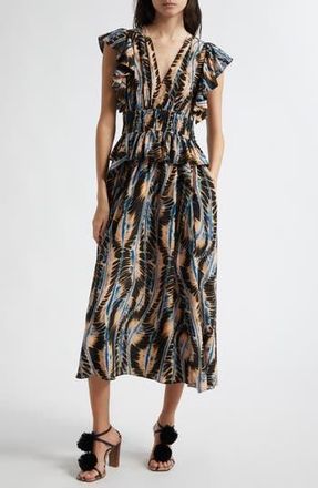 Ulla Johnson Brielle Abstract Print Silk Midi Dress in River at Nordstrom Rack, Size 0